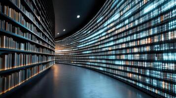 A long hallway with bookshelves and a computer screen photo
