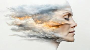 A woman's face with clouds and smoke coming out of it photo