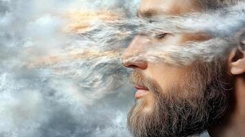 A man with a beard and beard is looking up into the sky photo