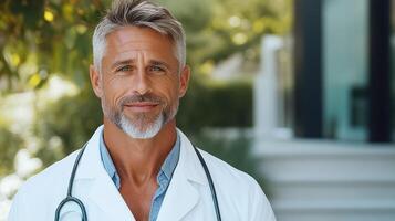 A man in a white lab coat standing outside photo