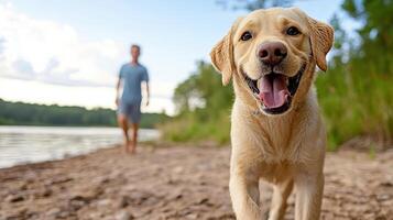 A dog is walking on the beach with a man in the background photo