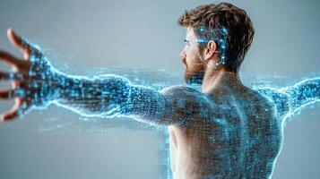 A man with his arms outstretched and a digital image of his body photo
