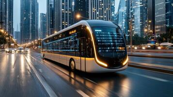 A futuristic bus driving down a city street photo