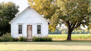 A small white house in the middle of a field photo