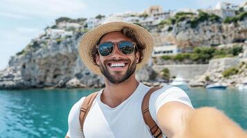A man in a hat and sunglasses taking a selfie photo