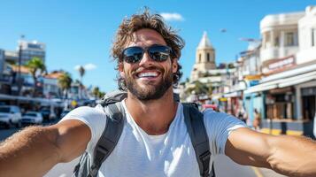 A man with a beard and sunglasses taking a selfie photo