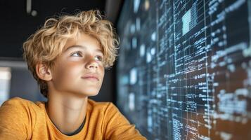 A boy looking up at a computer screen photo