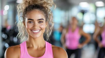 A woman in a pink shirt is smiling in a gym photo