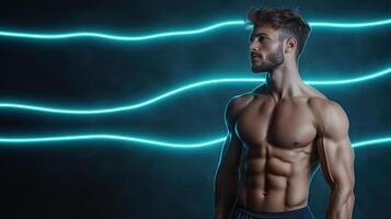 A man with no shirt on standing in front of a neon light photo