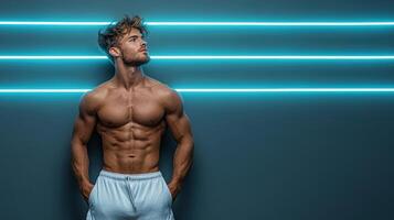 A man in shorts and a white shirt standing in front of neon lights photo