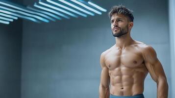 A man with no shirt on standing in a gym photo