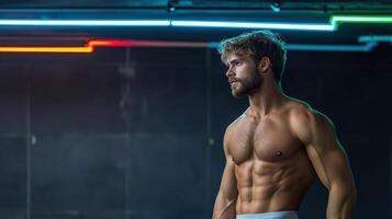 A shirtless man standing in front of a neon sign photo
