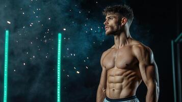 A man with no shirt on standing in front of a green light photo