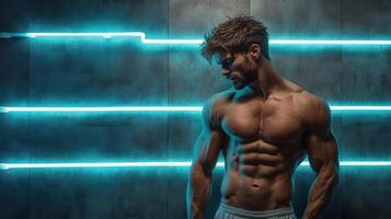 A man with a shirtless body standing in front of neon lights photo