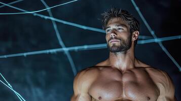 A man with no shirt on standing in front of a wire photo