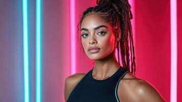A woman with dreadlocks in front of neon lights photo