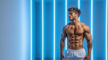 A man in a white shirt standing in front of a blue light photo