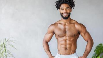 A man with a muscular body standing in front of a plant photo