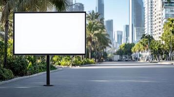 Blank billboard on the street with palm trees photo