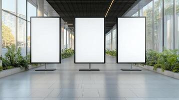 Three large blank billboards in a hallway photo