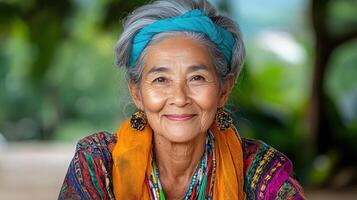 An older woman with a colorful headband photo