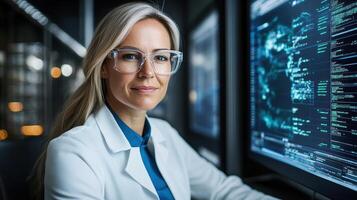 A woman in a lab coat is looking at a computer screen photo