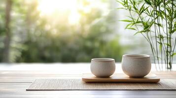 Two cups on a wooden tray with bamboo plants in the background photo