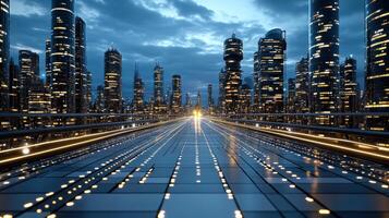 A futuristic city with lights and buildings in the background photo