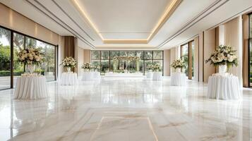 A large room with white marble floors and white tables photo