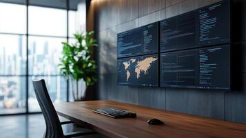 A desk with three monitors and a keyboard photo