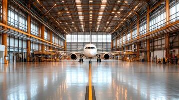 An airplane is parked inside of a large hangar photo