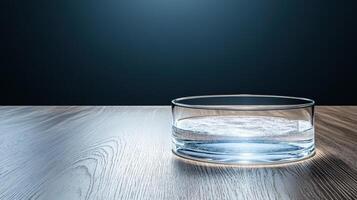 Glass of water on wooden table with blue background photo