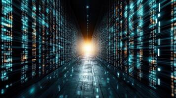 A tunnel with many data lines and a light at the end photo