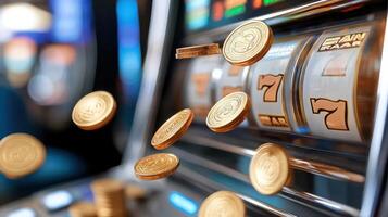 A slot machine with gold coins falling out photo