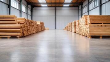 A large warehouse with wooden pallets photo