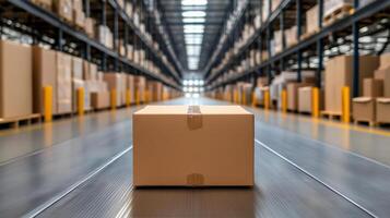 A box is sitting on the floor in a warehouse photo