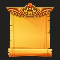 Ancient Egypt papyrus scroll cartoon with scarab and Egyptian culture religious wings, Egyptian icon, object, background or frame for game development. vector