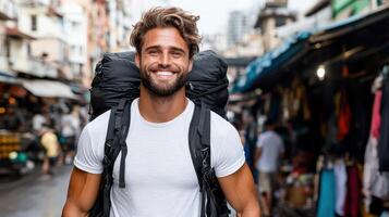A man with a backpack smiles while walking down a street photo