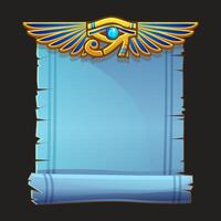 Ancient Egypt papyrus scroll cartoon with Eye of Horus and Egyptian culture religious wings, Egyptian icon, object, background or frame for game development. vector