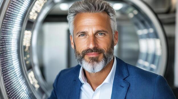 A man with a beard and a suit in front of a circular door photo