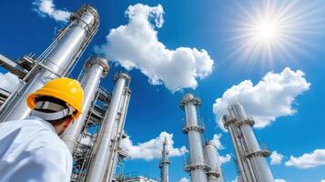 A man in a hard hat standing in front of a refinery photo