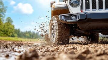 A jeep driving through mud on a dirt road photo