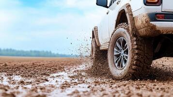 A white suv driving on a muddy field photo