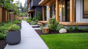 A walkway with plants and a house photo
