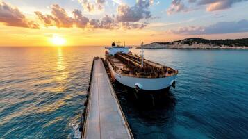 A cargo ship docked at the port at sunset photo