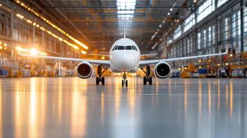 An airplane sitting in an industrial hangar photo