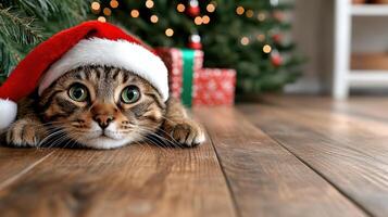 A cat wearing a santa hat laying on the floor photo