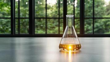 A flask with yellow liquid sitting on a table photo