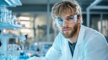 A man in a lab coat and glasses is looking at something photo