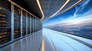 A server room with many servers and clouds photo